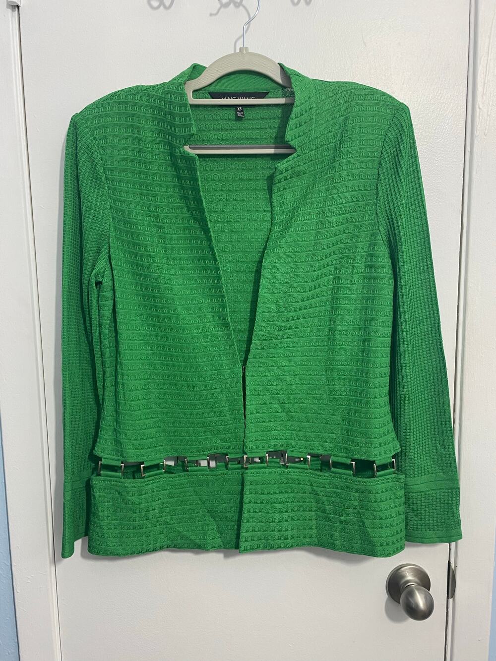Ming Wang Cardigan Sweater XS Kelly Green Metal Detail Old Money Preppy NWT